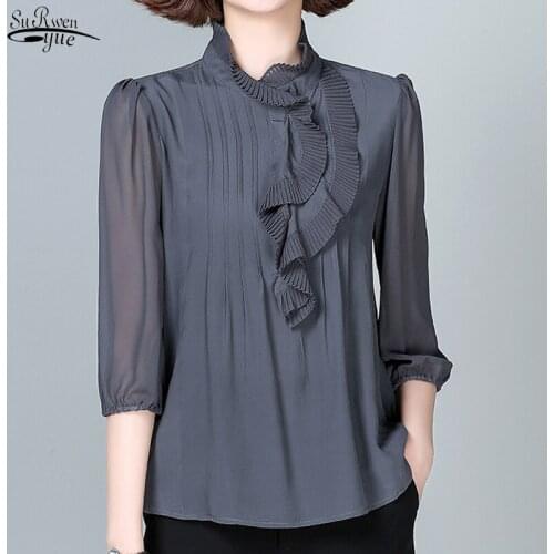 2021 Spring Autumn New Ruffled Women Blouse French Sweet Blouse lady Mulberry Silk Spun Comfort Female Shirt Camisas Mujer 15762