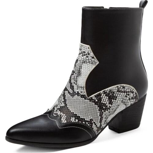 PU Stitching Snake Pattern Leather Side Zipper Ankle Boots Pointed Thick Heel Soft And Breathable Womens Boots