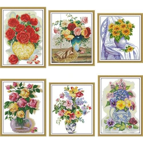 Joy Sunday exquisite rose flower vase, DMC cross stitch, cross stitch kit, canvas print embroidery kit, needlework, DIY crafts