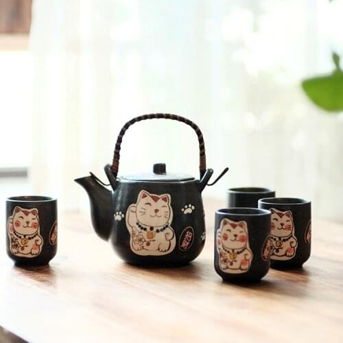 Japanese style ceramic cute Lucky cat tea set cartoon cat kung fu teapot suit hand painted rough pottery
