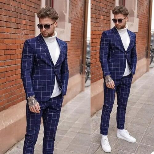 Classic Plaid Men Tuxedos Notched Lapel Single Breasted High Quality Custom Made Blazer Smart Casual Daily 2 Pieces Suits