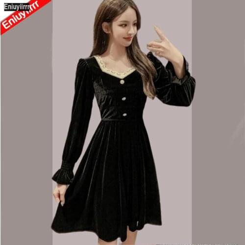 Hot Sales New Year Elegant Women Winter Spring Cute White Lace A Line Party Date Little Black Velvet Dress