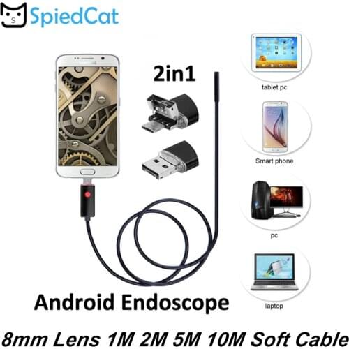 Mini 8mm 6 LED lens 2in1 Endoscope 1/2/5/10M Soft Cable Camera Snake inspection Pipe micro USB For Android Smart Phone PC Window
