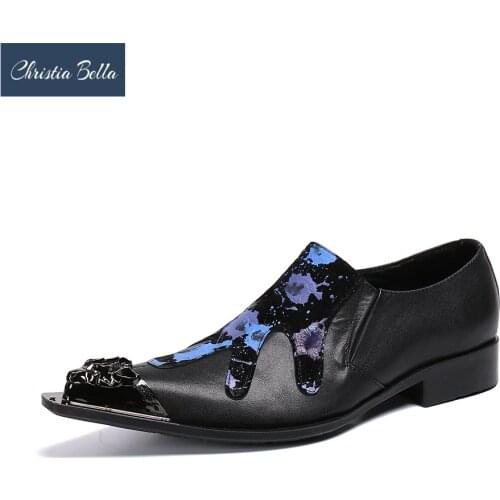 Christia Bella Fashion Men Shoes Metal Pointed Toe Real Leather Shoes Male Business Office Formal Shoes Plus Size Footwear