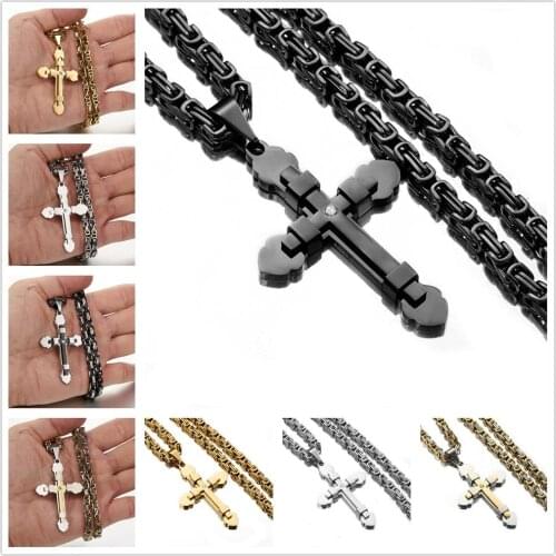 5mm Stainless Steel Silver Color Golden Black Men Gift Byzantine Chain Christian Jesus Cross Crucifix Pendant Necklace 18"-40"