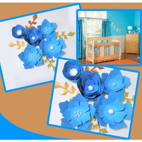 Handmade Blue Easy Made DIY Paper Flowers Gold Leaves Set For Nursery Wall Deco Baby Boys Shower Room Backdrop Video Tutorials