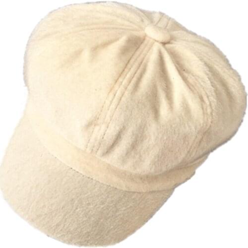 New Fashion Fall Winter Solid Color Plush Wool Octagonal Cap Casual Vintage Painter Hats Newsboy Go Out Beret Cap For Female