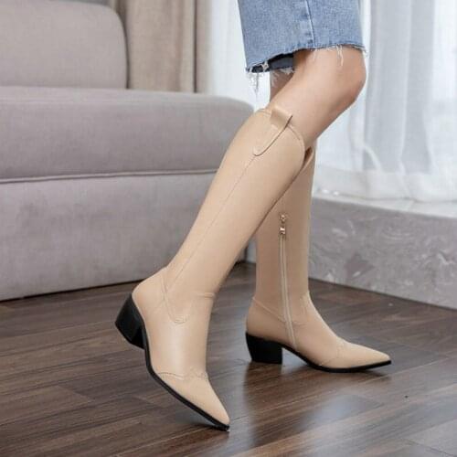 2020 new luxury brand womens riding equestrian boots pointed toe sewing deisgn chunky heels casual loose big knee boots size 46