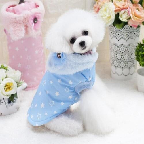 Pet Puppy Cat Autumn Winter Hooded Printed Blue Sweatshirt Cotton Plush Dog Clothes Soft Round Neck Short-sleeved Sweatshirt