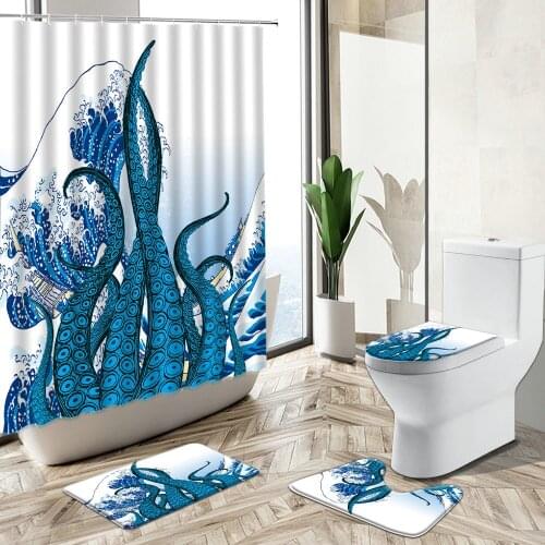 Octopus Ocean Wave Scenery Shower Curtain Creative Fun Animals Home Decor Bath Mat Toilet Lid Cover Flannel Bathroom Carpet Set