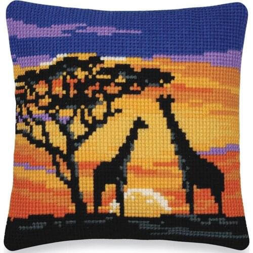 DIY Cross Stitch Cushion Front African Sunset Needlepoint Kits Printed Canvas Chunky Yarn Cross-stitch Pillow Case Arts & Crafts