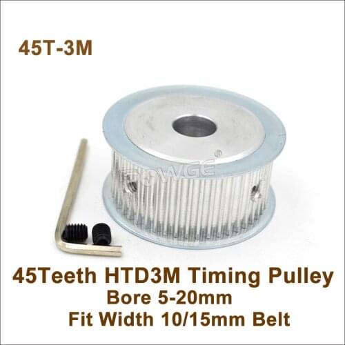 POWGE 45 Teeth 3M Synchronous Pulley Bore 5-20mm Fit Width 10/15mm 3M Belt 45T 45Teeth HTD 3M Timing Belt Pulley 45-3M AF