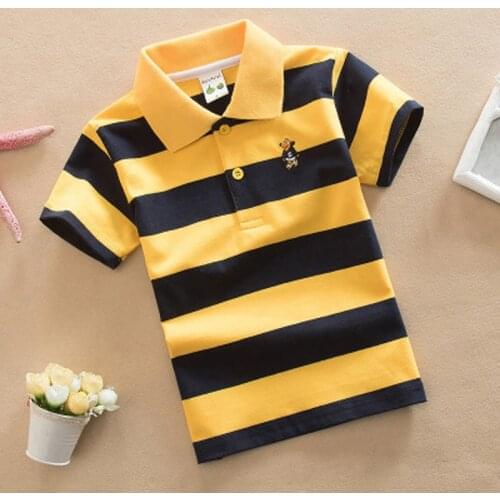 Boys Striped Summer Polo Shirts School Children Clothing Cotton Short Sleeve Turn-down Collar Buttoned Sports Tees Size 24M-12T