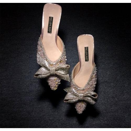 Bling high heels slippers crystal band bow knot party shoes woman pointy rhinestone rivets mules sandalias mujer 2020 flip flops