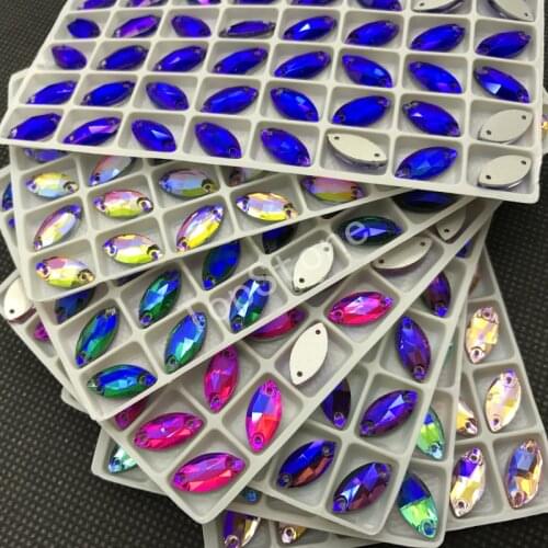 TopStone All Sizes Colors AB Navette Shape Sew On Glass Crystal rhinestones with holes flat back 7x15,9x18mm for DIY Decoration