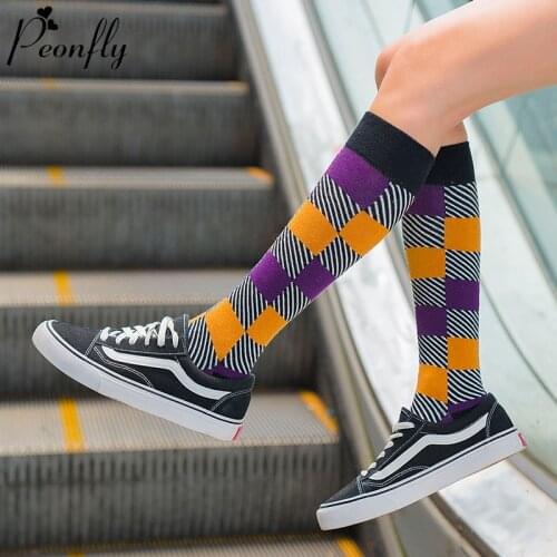 PEONFLY Vintage Plaid Stockings Women Socks Combed Cotton New 2019 Fashion Knee Socks Kawaii Happy Casual Harajuku Long Socks