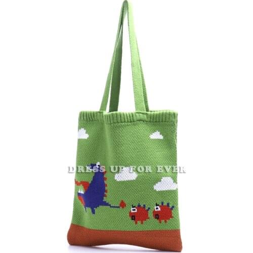 Lady Knitting Tote Shoulder Bag Crochet Woolen Cute Dinosaur Casual Style Shopping Top-handle Bag Female Daily Open Handbag