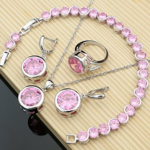 Women Elegant 925 Sterling Silver Jewelry Sets Big Pink CZ Stone Earrings Rings Fashion Accessories Necklace Kit Dropshipping