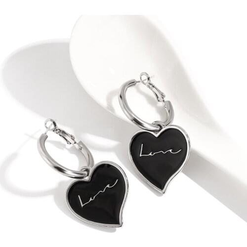 AENSOA 1 Pair Korea Fashion Women Enamel Heart Shape Earring Black White Color Punk Painting Geometric Pendant Hoop Earrings