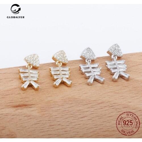 Womens sterling silver fish bone earrings S925 silver inlaid with zircon fashion temperament earrings South Korea popular 12
