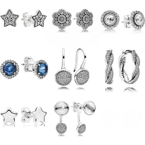 925 Sterling Silver Dazzling Droplets Blue Round Twist Of Faith Sparkle Floral pan Crystal Earrings For Women Jewelry Gift
