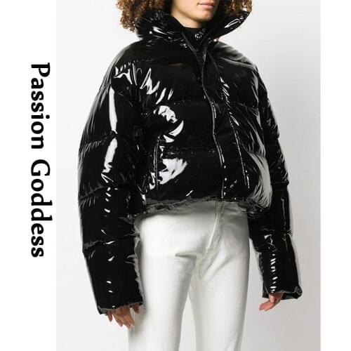 Winter Women Bright PU Leather Puffer Jacket Warm Thick Bubble Coat Plus Size Zipper Down Parka Outerwear Cute Pink Parka Jacket