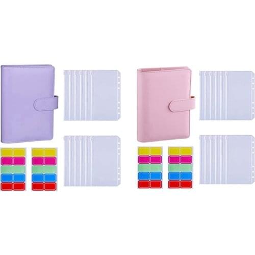 2 Set A6 PU Leather Binder Sleeve with 12 Pieces A6 Binder Bag Loose Leaf Bag Cash Budget Envelope System, Purple & Pink