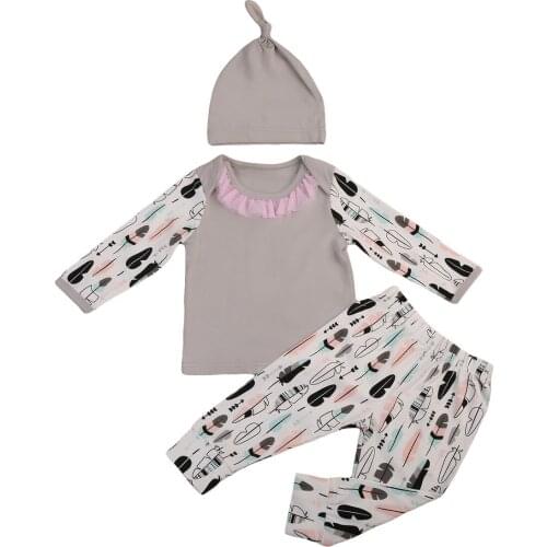 2020 3-24M Baby Girls Sweet Clothing Fall Outfit Set Pink Lace O Collar Long Sleeve Top+Feather Print Pants+Hat Set 3pcs Set