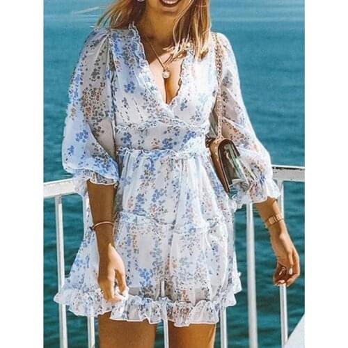 2021 Summer New Floral Lotus Leaf Dress Ladies Open Back V-neck Dress Ladies Mini Plus Size Dress Ladies Dress