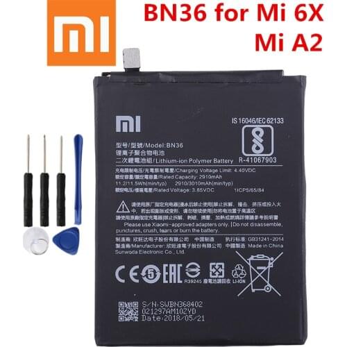 Xiao Mi Original Phone Battery BN36 for Xiaomi Mi 6X Mi6X Mi A2 MiA2 3010mAh High Capacity Replacement Battery Free Tools