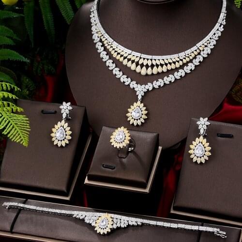 Sparkly Luxury Elegant 4 PCS Necklace Earrings Bracelet Ring for Noble Luxury Women Bridal Wedding Party Show Jewelry Sets 2021