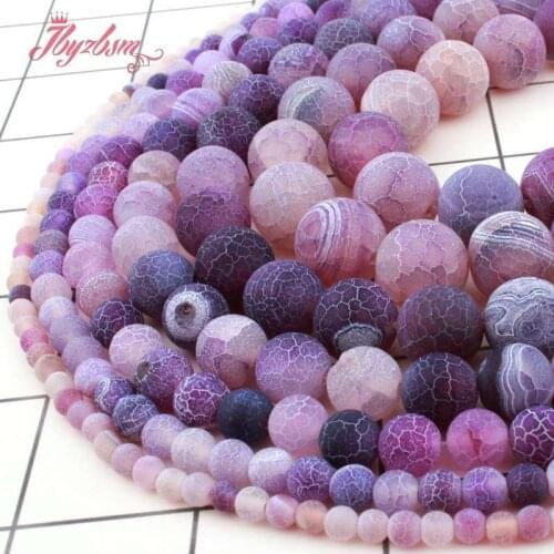 Natural Purple Agates Frost Matte Cracked Round Loose 6/8/10/12mm Stone Beads For DIY Necklace Bracelets Jewelry Making 15"