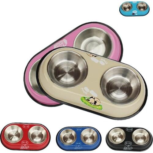 Cat Dog Double Bowl For Pets Colour Non-Slip Wear-Resisting Cat And Dog Food Bowl Stainless Steel Detachable Dog Bowl