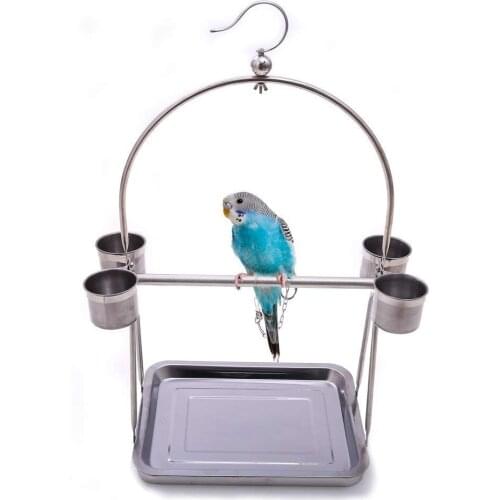 Stainless Steel Bird Perch with Hook and 4 Food Bowls Parrot Tabletop Platform for Macaw African Grey Budgies Parakeet Conure