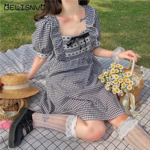 Japanese Sweet Vintage Loose Bow Cute Plaid Puffed Sleeves Short Sleeve Dress Medieval Renaissance Victorian Lolita Dress