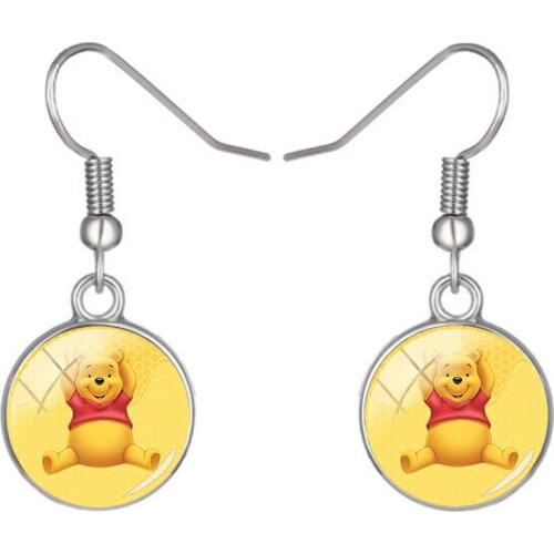 Disney Cute Winnie The Pooh Earrings Painting Hook Earrings Round Earrings Glass Cabochon Photo Jewelry Earrings