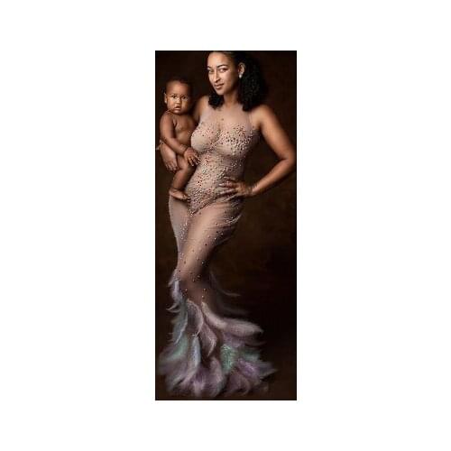 2021 New In Colrful Mermaid Maternity Dresses With Rainbow Beaded Sexy See Through Feathers Long Photo Shoot Gowns Plus Size