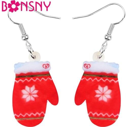 Bonsny Acrylic Christmas Snowflake Gloves Earrings Drop Dangle Decoration Jewelry For Women Girl Teen Kid Charm Gift Accessories