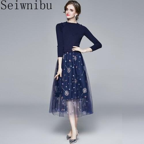 2020 New Autumn Winter Dress Women Clothes Elegant Long Sleeve Tulle Patchwork A-line Mid Calf Knitting Sweater Dress Vestidos