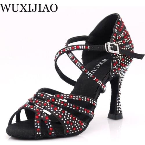WUXIJIAO Dance Shoes Latin Woman Salsa Silk Satin Dancing Shoes Glitter Rhinestone Professional Dance Shoes Ballroom Soft Bottom