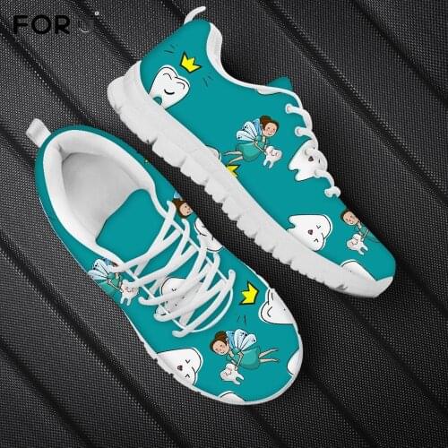 FORUDESIGNS Cute Cartoon Tooth/Dental Fairy Pattern Women Flats Sneakers Brand Design Spring/Autumn Lace Up Shoes Casual Shoe