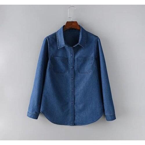 Plus size Blue women loose cotton jeans shirts 2021 new spring autumn casual ladies shirt female tops