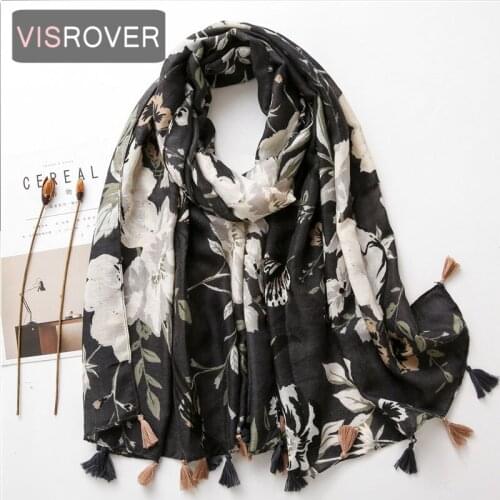 VISROVER New Black Flower Printing Viscose Autumn Women Scarf Tassel Fashion Winter Black Scarf Shawls Hijab Gift Wholesales