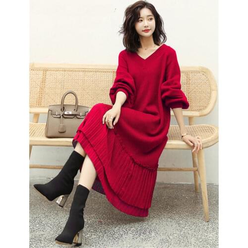 4XL Red Sweater Dress Womens Autumn Winter New Long Over Knee Pleated Stitching Knitted Dress Fashion V Collor Ladies e270