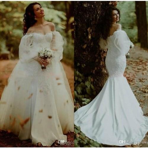 Romantic Long Sleeve Mermaid Wedding Dresses Overskirt Lace Off The Shoulder Stain 2020 Plus Size Custom Made Bride Dress