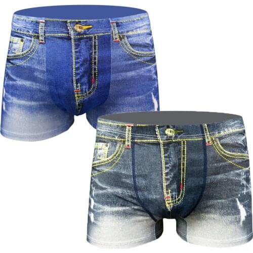 2PCS/Lots Men Boxer Shorts Denim Printed Cotton Underwear Trunks Cueca Seamless Breathable Underpants Boxershorts Slip Panties