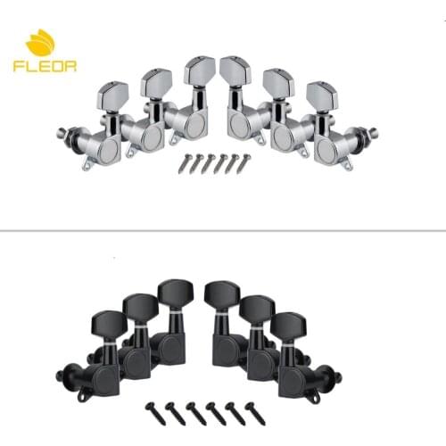 FLEOR 6PCS 3L3R Guitar Tuning Pegs Keys Machine Heads Full Closed Type Tuners for Electric Acoustic Guitar, Silver/Black Choose