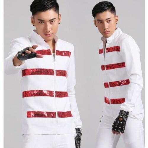 White blazer men suits designs Sequins jacket mens stage singers clothes dance star style punk England clothing stand collar