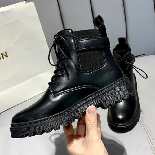 Fashion Women Boots Black PU Mirror Leather Ankle Boots Autumn Winter Round Toe Lace Up Shoes Female Motorcycle Platform Botas