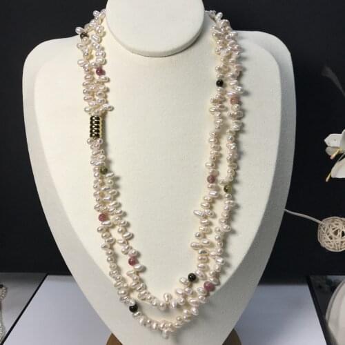 Double Strand Baroque Pearl Necklace With Rice Natural Pearl Shape Freshwater Pearl Long Necklace